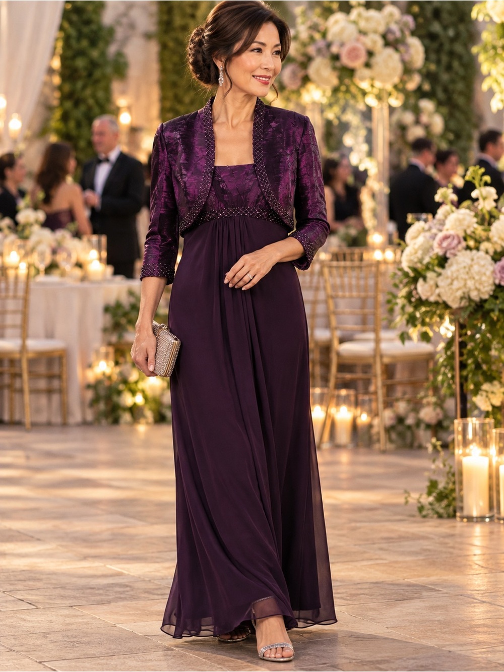 Alex Evenings Eggplant Purple Chiffon Dress with Embellished Jacket